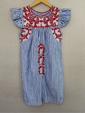 Six Honeybees Puebla Hand Embroidered Dress Size 12 Gingham Flutter Sleeves